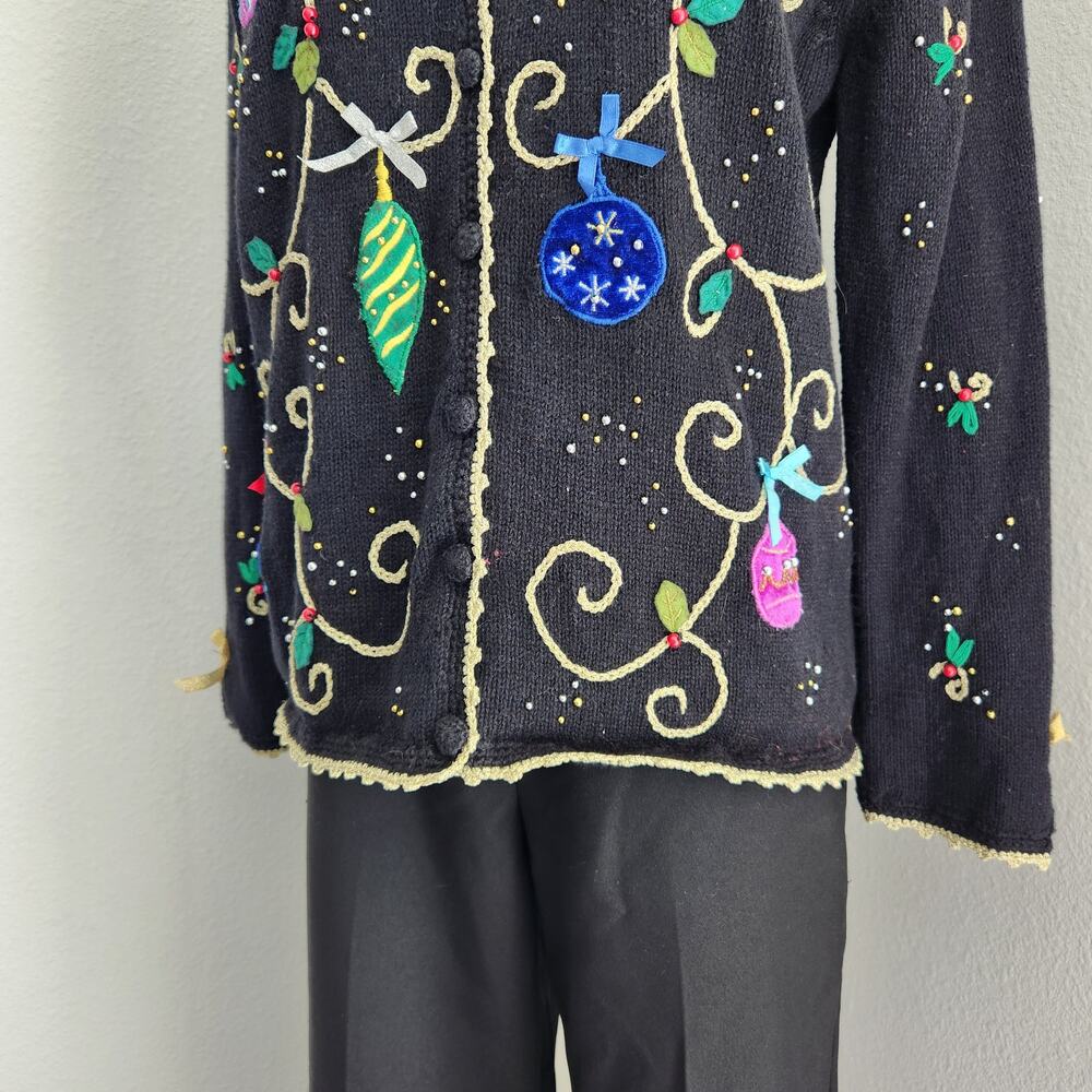Vintage Studio Joy Black Holiday Christmas Knit Cardigan Sweater Ornaments S - Picture 5 of 10